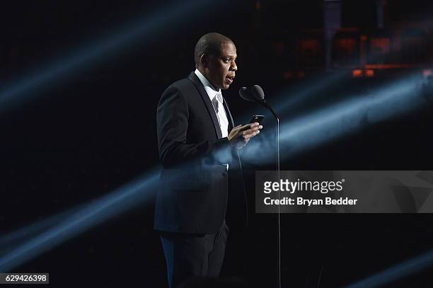 Jay Z speaks onstage during the Sports Illustrated Sportsperson of the Year Ceremony 2016 at Barclays Center of Brooklyn on December 12, 2016 in New...