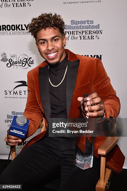 Francisco Lindor poses with his award during the Sports Illustrated Sportsperson of the Year Ceremony 2016 at Barclays Center of Brooklyn on December...