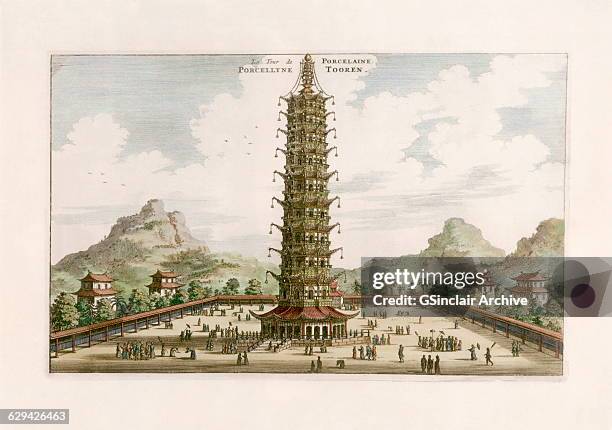 The Porcleian Tower, a pagoda in Nanjing , China. A hand colourised engraving after the Johan Nieuhof, a Dutch traveler, from a book on his travels...