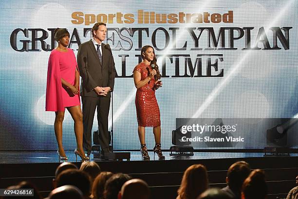 Olympic Track and Field athlete Jackie Joyner-Kersee, swimmer Tom Dolan and Olympic Gymnast Aly Raisman speak onstage the Sports Illustrated...