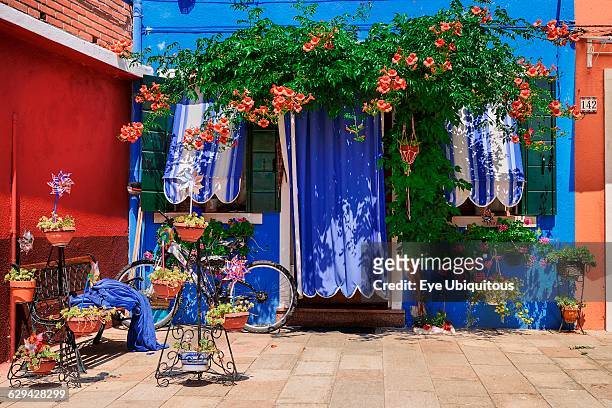 Italy. Veneto. Burano Island. Colourful facade with floral display around the doorway.