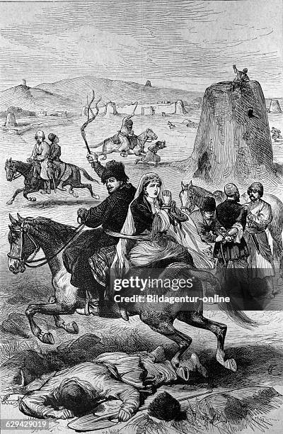 Turkmen kidnappers attacking persian residents near the border, historical illlustration, about 1886