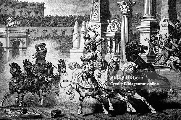 Roman history, chariot racing in the circus maximus in rome, italy, historical illlustration, about 1886