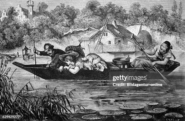 Fishing for pikes on a lake in west prussia, historical illlustration, about 1886