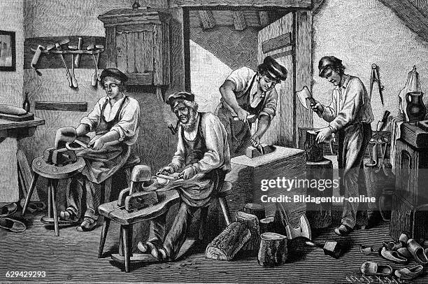 Workshop of wooden shoe carvers, historical illustration, circa 1886