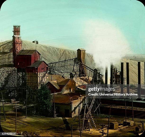 Shaft House, Smelter and Tailing Pipe, Zinc and Lead Mines, Joplin, Missouri, USA, Magic Lantern Slide, circa 1910.