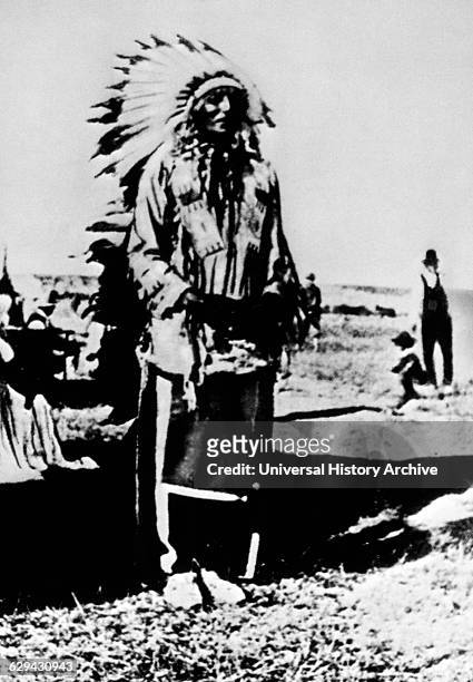 Native American man, thought to be a Lakhóta Sioux war leader of the Oglala band, circa 1870.