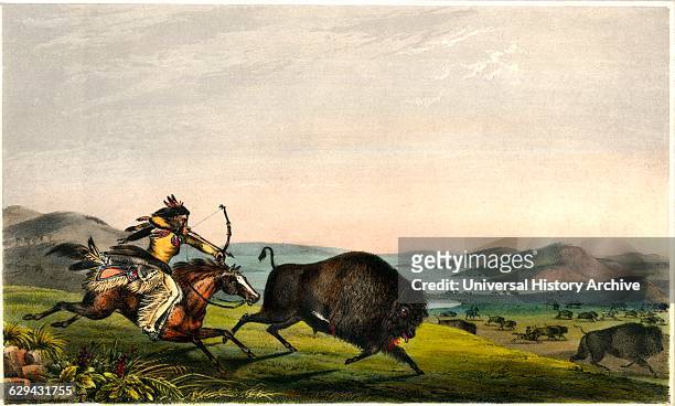 Hunting the Buffalo, Rice Rutter & Co, from a Painting by Peter Rindisbacher "Assiniboin Hunting on Horseback", 1836.