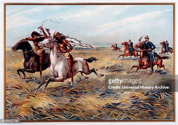 Cavalry Pursuing Native Americans, Lithograph, circa 1899.