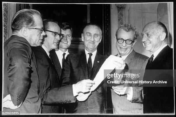Senators Thomas Kuchel, Philip Hart, Edward Kennedy, Mike Mansfield, Everett Dirksen and Jacob Javits During Voting Rights Bill Passage, 1965.
