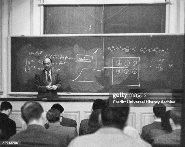 Enrico Fermi, Physicist, Portrait in Classroom, University of Chicago, Chicago, Illinois, USA, 1948.