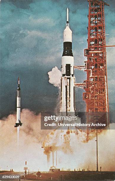 Launch of Mercury-Redstone 3 Carrying Astronaut Alan Shephard, Cape Kennedy, Florida, USA, May 5 Comparison to Saturn I Launch Vehicle on Right,...