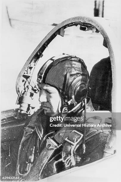 Soviet Cosmonaut, Alexei Leonov, Sitting in Fighter Plane Cockpit During Final Training Session, March, 1965.