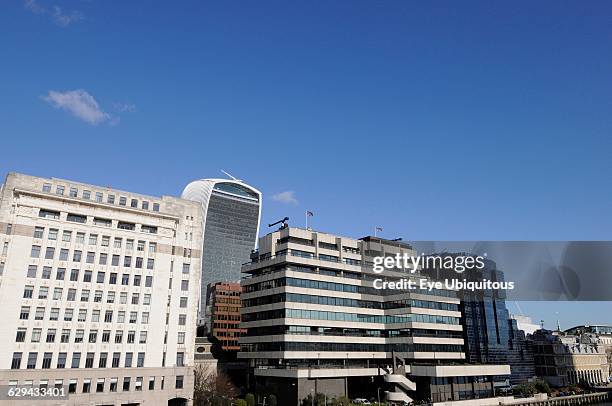 England. London. The Ancient and Modern skyline of the City of London with The Walkie Talkie Building and older buildings viewed from London Bridge.