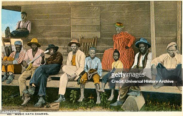 Group of African-Americans Porch, One Man with Banjo, Portrait, "Music Hath Charm - 46", USA, Hand-Colored Postcard, circa 1910.