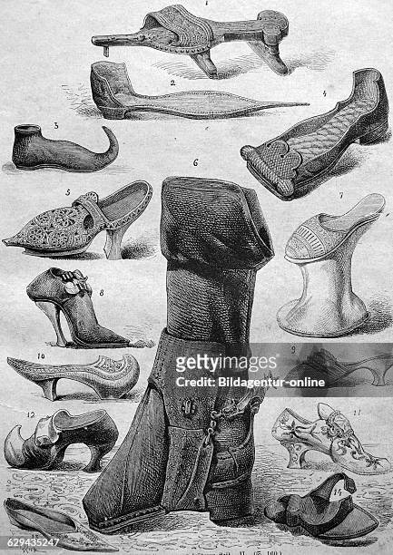 Shoe fashion from the middle ages, 1 crutch shoe, 2 - pointed peak shoe or poulaine, 3 - peak shoe or poulaine, 4 - flat shoe, 5 - wooden shoe, early...