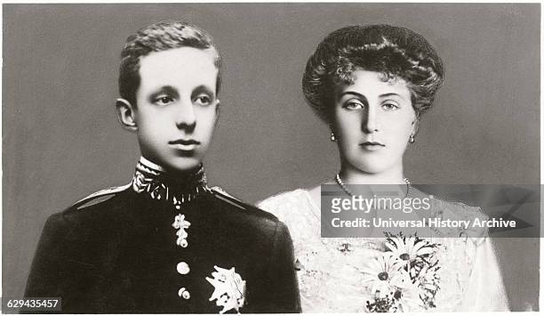 Alfonso XIII, King of Spain and Fiancé, Princess Victoria Eugenie of Battenberg, Postcard, circa 1906.