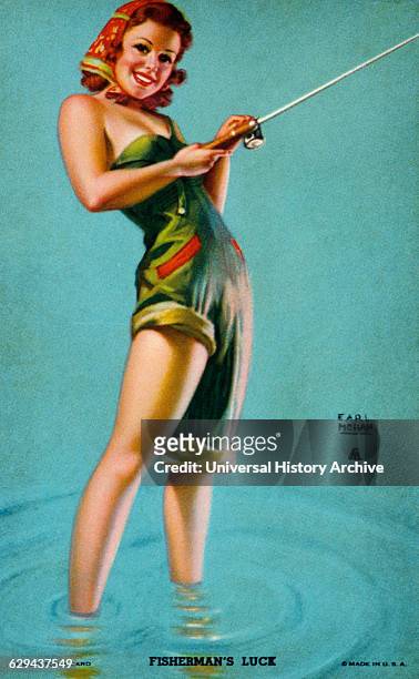 Woman Fishing, "Fisherman's Luck", Mutoscope Card, 1940's.