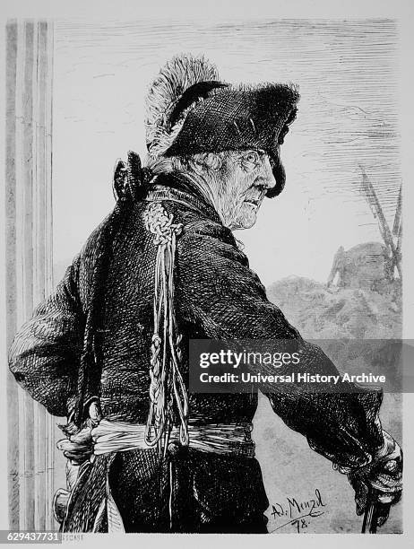Frederick II, Frederick the Great , King of Prussia , Portrait, Engraving by A.J. Menzel, 1878.