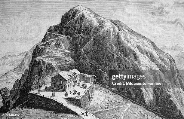 Summit of pilatus mountain, pilatuskulm hotel, switzerland, historical picture, about 1893
