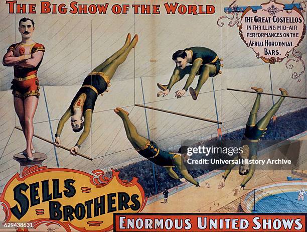 Sells Brothers Enormous United Shows Poster, The Great Costellos in Thrilling Mid-Air Performances on the Aerial Horizontal Bars.