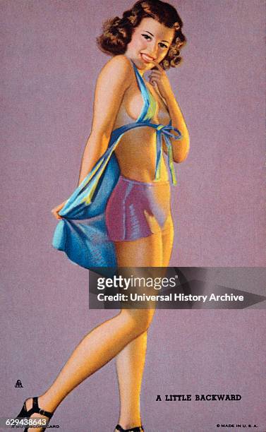 Woman Wearing an Apron Backwards, "A Little Backward", Mutoscope Card, 1940's.
