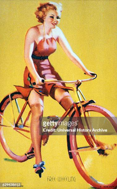 Woman Riding Bicycle, "Free Wheeling", Mutoscope Card, 1940's.