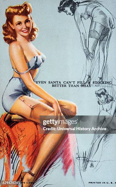 Sexy Woman Wearing Lingerie and Nylon Stockings, "Even Santa Can't Fill a Stocking Better than That", Mutoscope Card, 1940's.