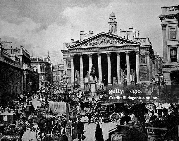 One of the first autotype photographs of the royal exchange in london, england, united kingdom, circa 1880