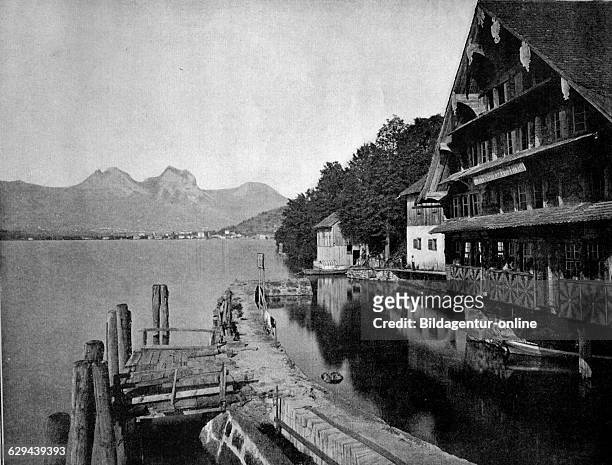 One of the first autotype photographs of a wharf for steamboats on lake lucerne, treib, switzerland, circa 1880