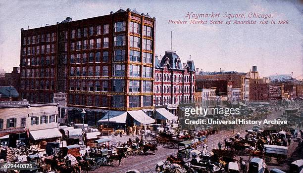 Haymarket Square, Produce Market Scene of Anarchist Riot of 1886, Chicago, Illinois, USA, Hand-Colored Postcard, circa 1888.