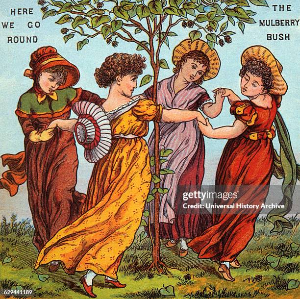 Here we Go Round The Mulberry Bush, Mother Goose Rhymes, Illustration by Walter Crane, circa 1877.