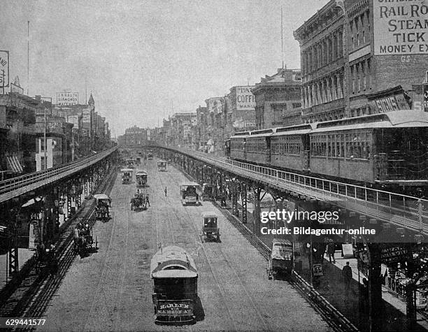 Early autotype of bowery street, new york, usa, historical photographs, 1884