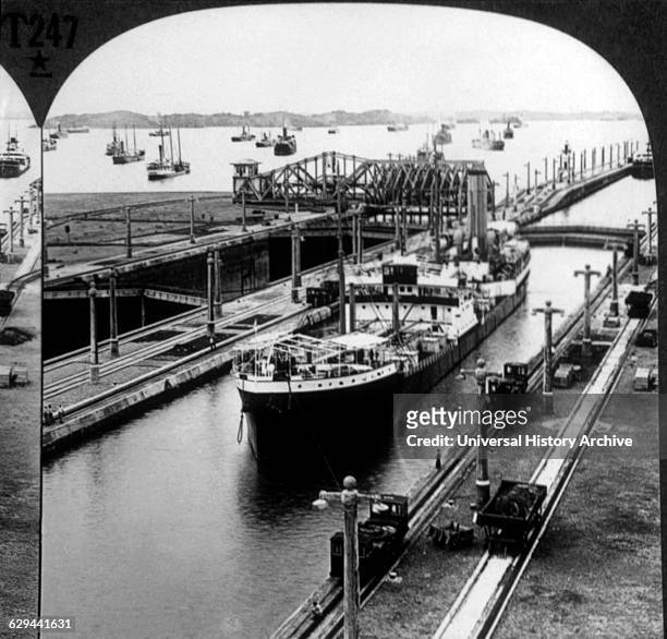 Freighter in Gatun Locks of Panama Canal, Stereo Photograph, circa 1914.