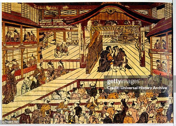 Kabuki Theatre, Japan, Woodblock Print by Okumura Masanobu, 18th Century.