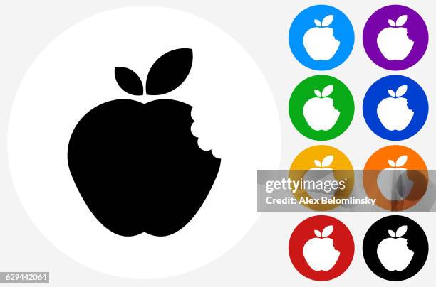 bitten apple icon on flat color circle buttons - missing bite stock illustrations