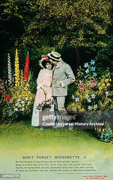 Romantic Couple Standing in Garden, Postcard, 1909.