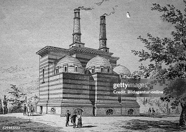 Cremation apparatus on the pere-lachaise cemetery, paris, france, woodcut, historical engraving europe