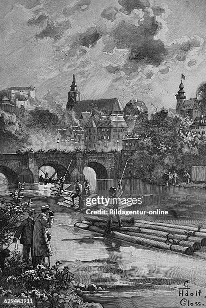 Black forest rafter on the neckar river in tuebingen, baden-wuerttemberg, germany, woodcut, historical engraving europe