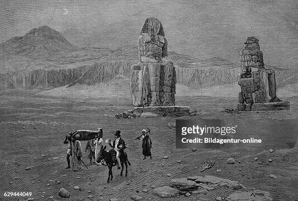 Archaeologist jean-francois champollion the younger, 1790-1832, at the colossi of memnon in egypt, woodcut historic engraving