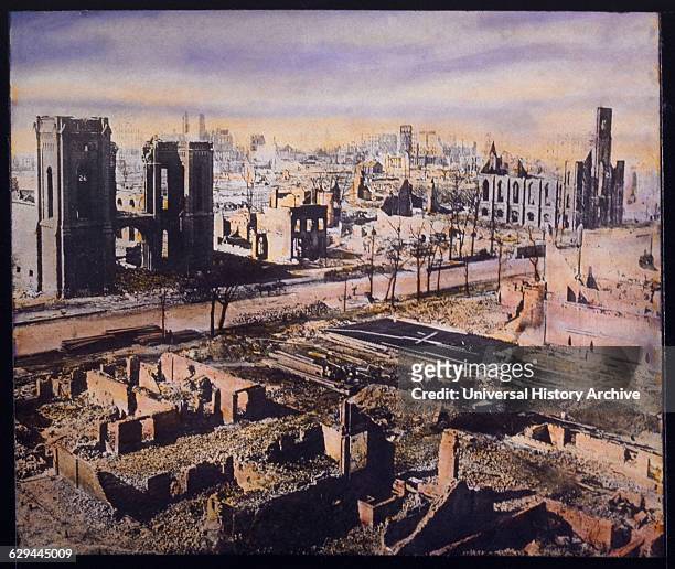 Ruins Along Wabash Avenue after Great Fire, Chicago, Illinois, USA, Hand-Colored Lantern Slide, circa 1871.