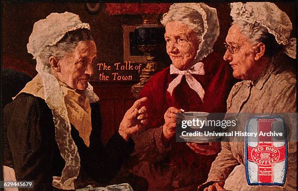 "The Talk of the Town", Three Elderly Women in White Bonnets Drinking Coffee, Red Bird Coffee Trade Card, circa 1911.