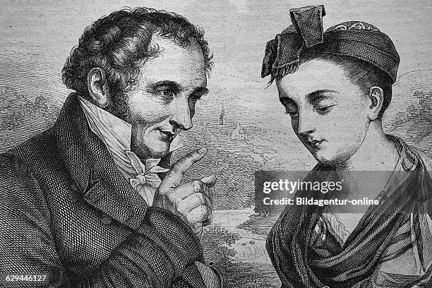 Johann peter hebel, 1760 - 1826, poet, and breneli, actually veronica rohre, 1779 - 1869, probably his mistress, historical woodcut, circa 1870