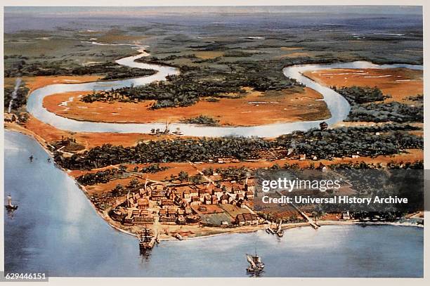 Aerial View of Jamestown, Virginia, Painting, 17th Century.