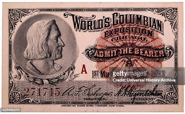 Christopher Columbus Engraving, Ticket to World's Columbian Exposition, Chicago, Illinois, 1893.
