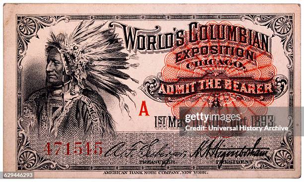 Native American Engraving, Ticket to World's Columbian Exposition, Chicago, Illinois, 1893.