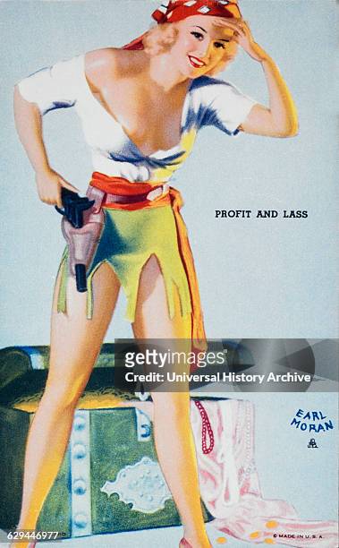 Woman in Pirate Outfit with Handgun, "Profit and Lass", Mutoscope Card, 1940's.