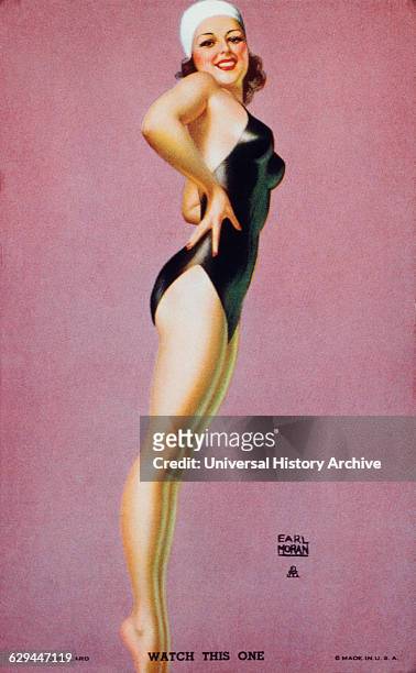 Woman Wearing Black One-Piece Bathing Suit, "Watch This One", Mutoscope Card, 1940's.
