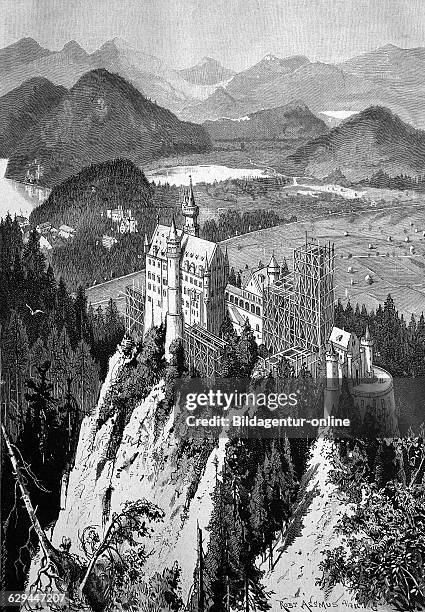 Construction of schloss neuschwanstein castle, bavaria, germany, historical wood engraving, 1886