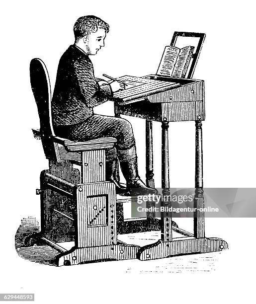 Adjustable school desk with an adjustable seat, historical engraving, circa 1885